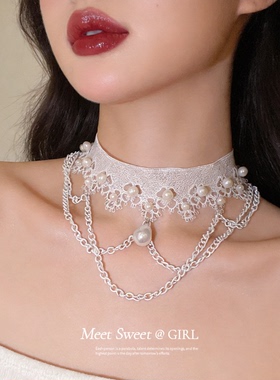 法式白色蕾丝珍珠颈链choker