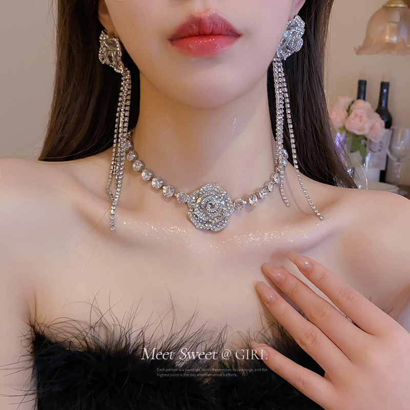 欧美闪钻花朵耳环项链套装