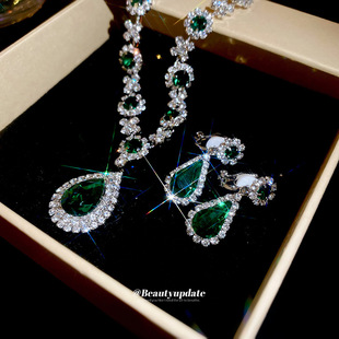 祖母绿宝石项链复古夸张晚礼服锁骨链耳夹耳饰女新娘配饰套装 配裙