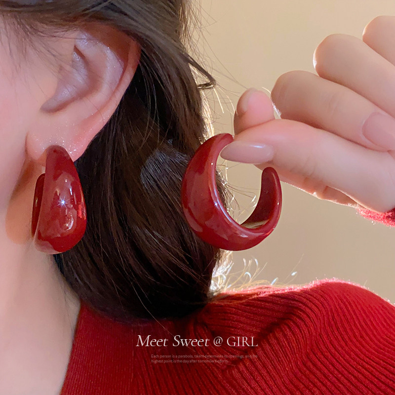 红色C形耳钉轻奢高级感气质大气耳环2025新款爆款港风夸张耳饰女,饰品/流行首饰/时尚饰品新,耳环,淘宝优惠券,粉丝福利购,淘宝优惠卷