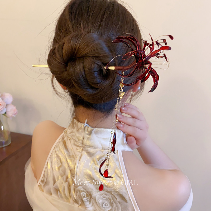 新中式红色彼岸花滴油发簪图片