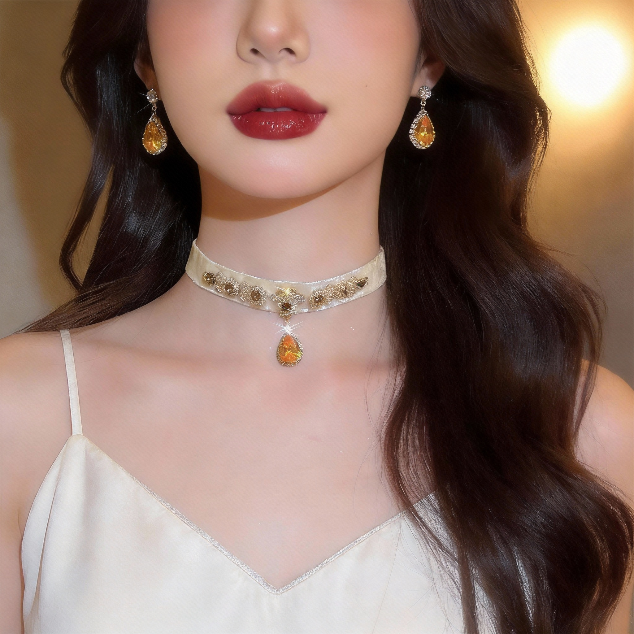 「琥珀绮梦」复古缎面choker项链耳环套组名媛风宴会氛围感颈链女,饰品/流行首饰/时尚饰品新,项链,淘宝优惠券,粉丝福利购,淘宝优惠卷