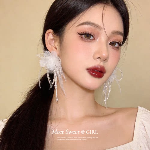 超仙氛围感珍珠蝴蝶结羽毛耳夹女