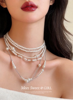 法式多层叠戴珍珠项链颈链choker