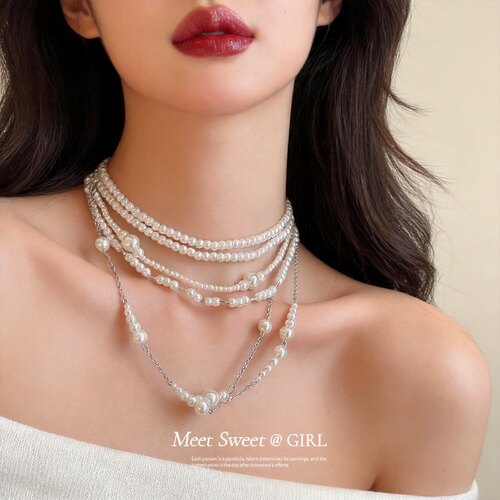 法式多层叠戴珍珠项链颈链choker