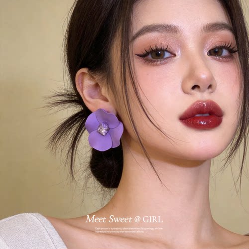 甜妹风香芋紫闪钻花朵耳钉女小众