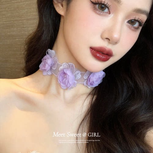 海边度假风紫色蕾丝花朵颈带