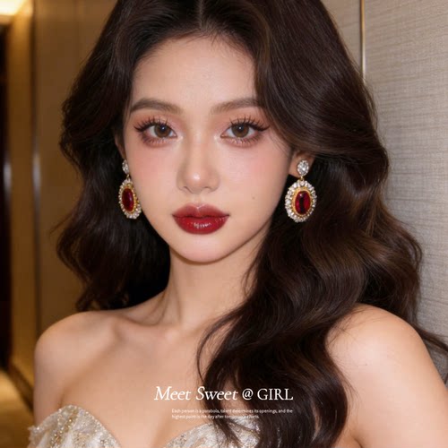 红色几何椭圆形耳环女