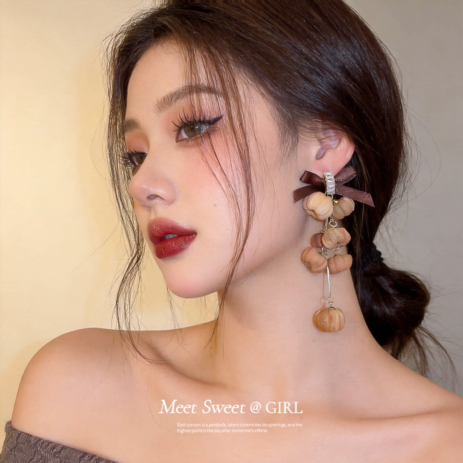 复古锆石缎带蝴蝶结流苏吊坠耳钉