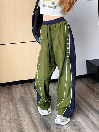 美式高街军绿色工装裤女春秋季新款直筒拖地阔腿裤裤子拼色运动裤