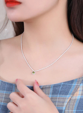 S925纯银波光粼粼项链女极简轻奢冷淡风锁骨链单钻吊坠项饰品