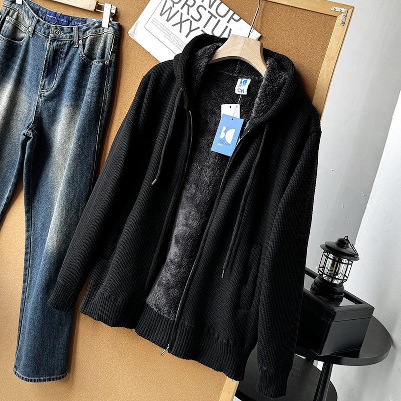 男士华夫格针织连帽加绒夹克外套