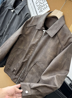 纹理感脏染设计秋冬男士潮牌痞帅休闲翻领机车皮衣夹克外套26355