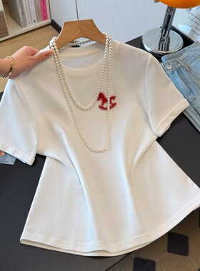 实拍新中式春夏国风重工钉珠小马正肩短袖T恤洋气女百搭纯色上衣
