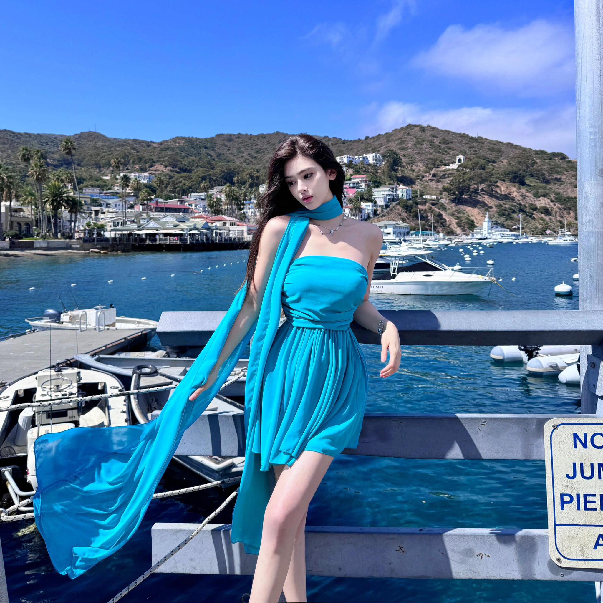 法式蓝色高级感抹胸连衣裙一字肩收腰显瘦仙女气质海边度假沙滩裙