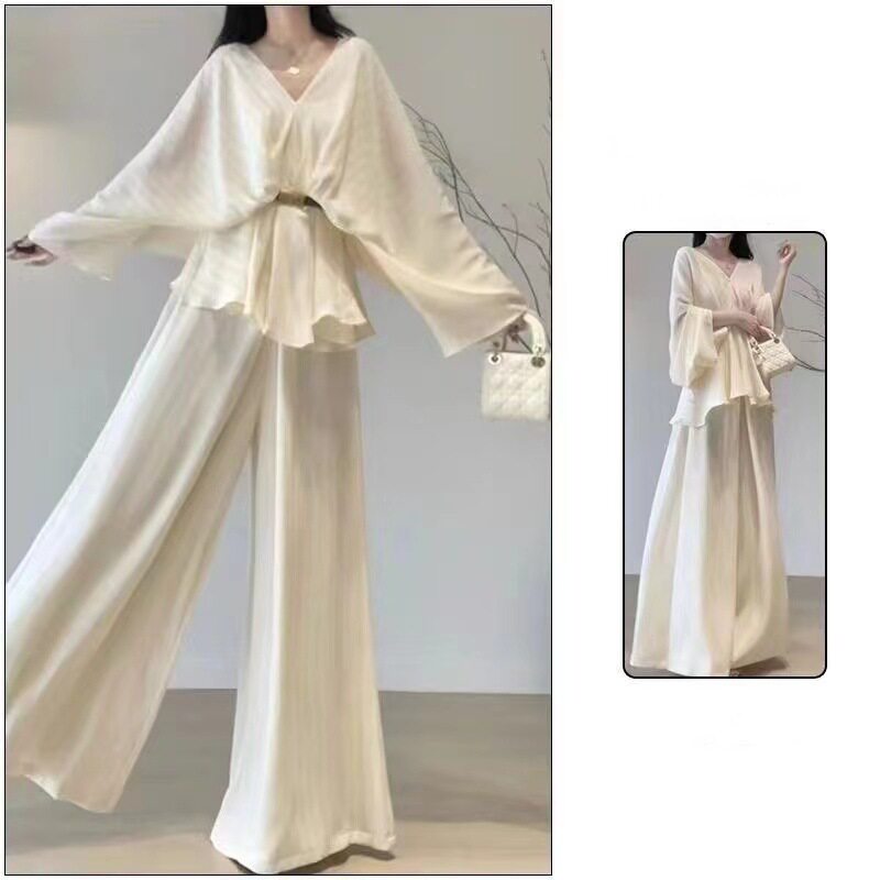 法式领上衣两件套女垂感阔腿裤早春穿搭新款感气质套装