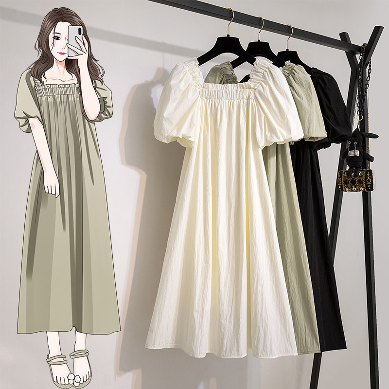 实拍大码女装2024夏季新款法式浪漫温柔风小个子泡泡袖方领连衣裙