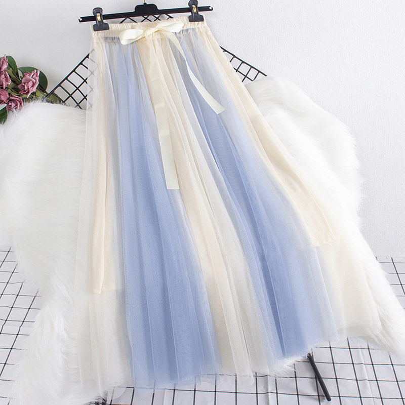 拼色纱裙新款高腰显瘦A字大摆撞色网纱蓬蓬裙中长款半身裙女长裙