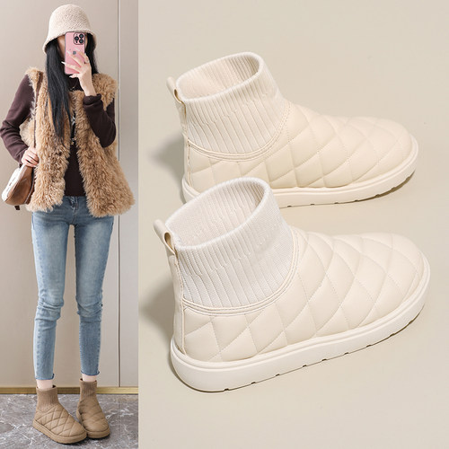 冬季女加绒一脚蹬防水防滑雪地靴