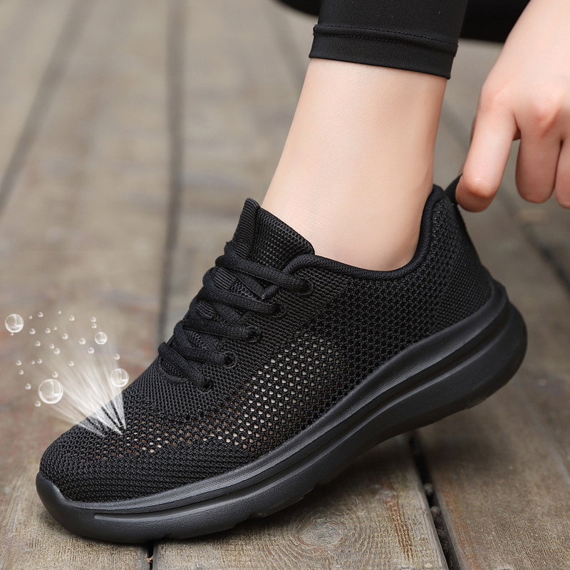 黑色工作鞋女久站不累脚软底女鞋夏季透气网鞋女网面薄款运动鞋子