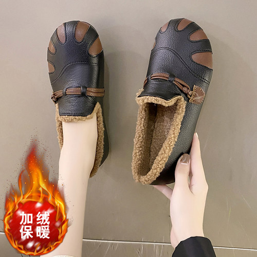 老北京棉鞋加绒保暖皮面防水