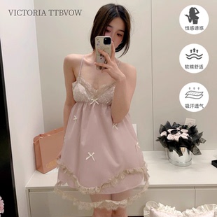 新款 Victoria维多利亚性感睡裙女2025夏季 纯欲甜美蕾丝网纱家居服
