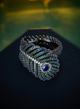 轻奢镶嵌锆石羽毛戒指女小众气质开口可调节百搭食指戒手环批发