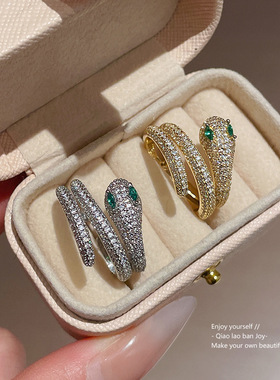 真金电镀锆石小蛇开口戒指新中式轻奢百搭食指戒通勤网红气质