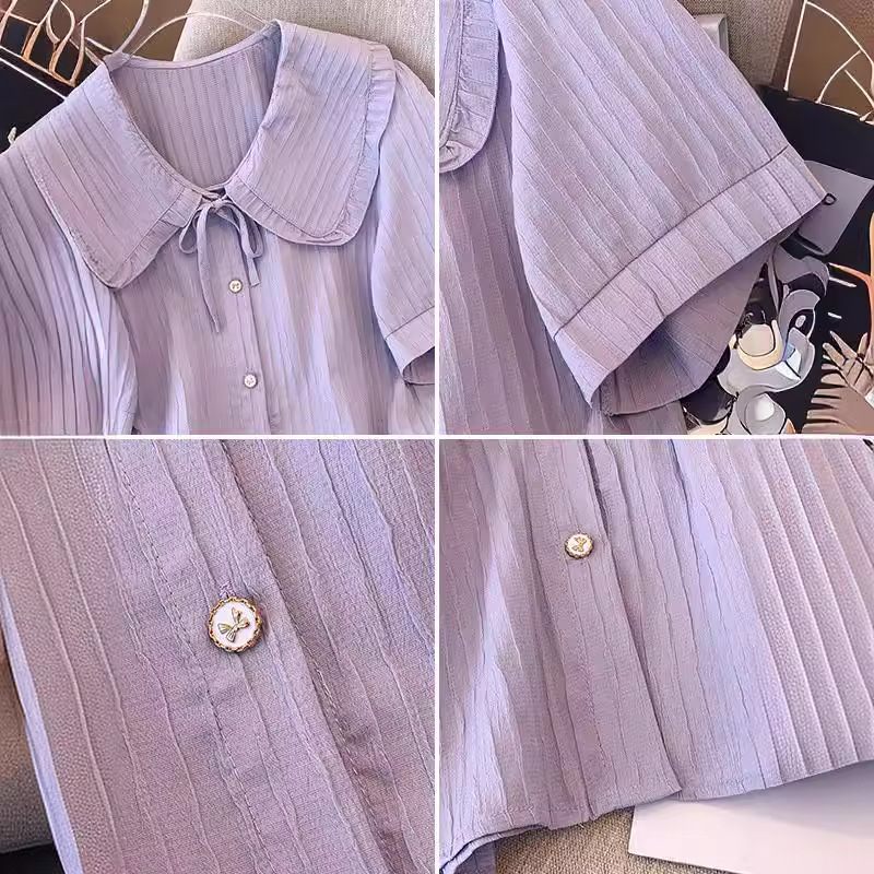 130/300斤大码女装娃娃领短袖衬