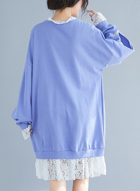 300斤特大码女装胖mm拼蕾丝假两件长袖紫色卫衣裙XX1864