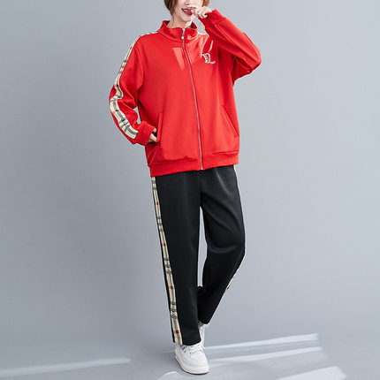 300斤特大码女装胖mm韩版绣花运动侧条休闲套装2084