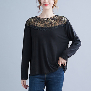 210斤大码女装胖mm长袖T恤蕾丝拼接打底衫2314