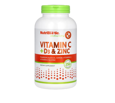 美国NutriBiotic维生素 C + D3 和锌500 毫克250 粒胶囊