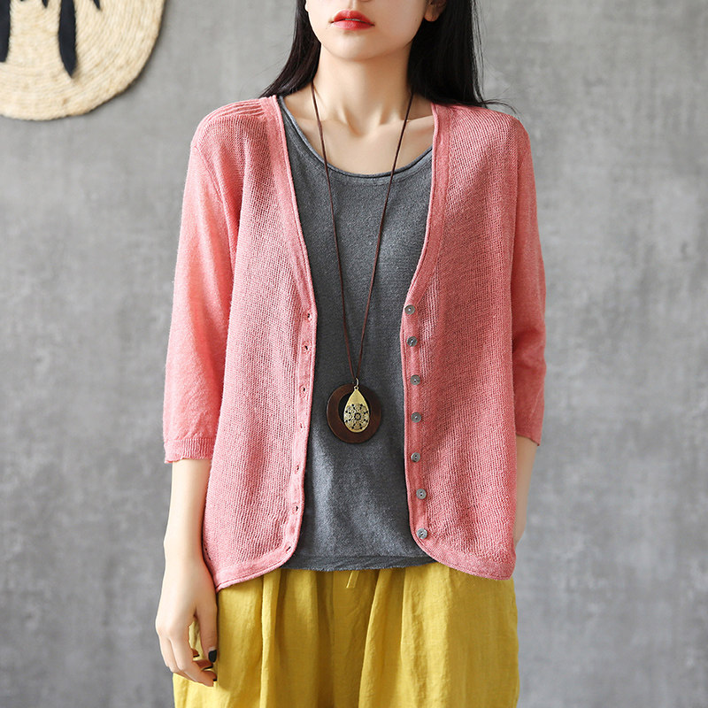 dza简约纯色薄款宽松棉麻防晒针织衫女外搭开衫夏季百搭上衣外套