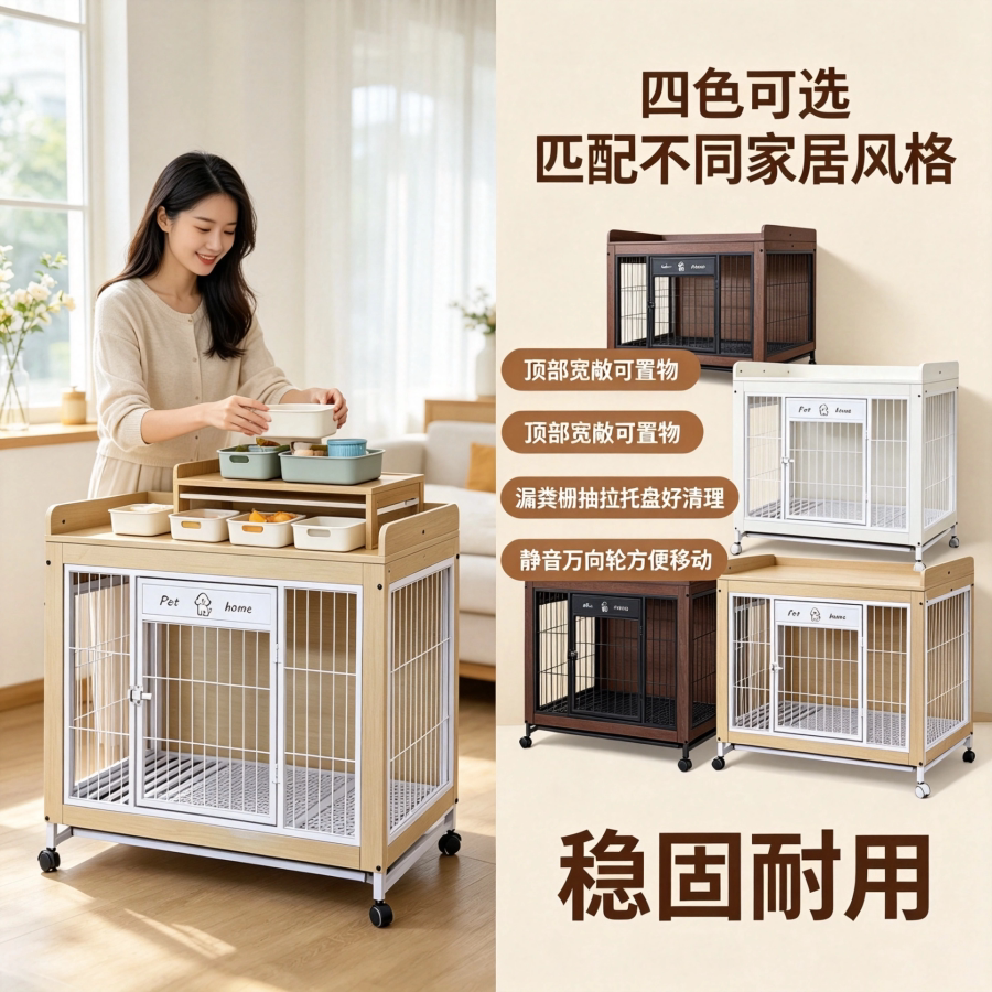 温馨宠物狗别墅室内家用狗笼万向轮可移动中小型犬围栏带厕所托盘