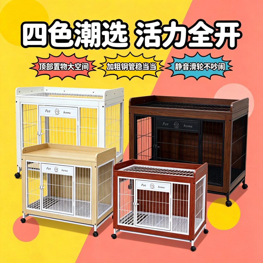 家用钢质网面宠物笼室内狗狗别墅带滚轮柯基法斗狗笼子带接粪托盘