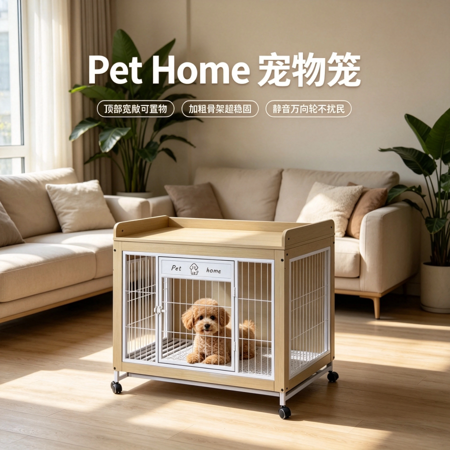 狗别墅室内宠物笼 顶部置物平台 加密网格抽拉托盘静音移动轮