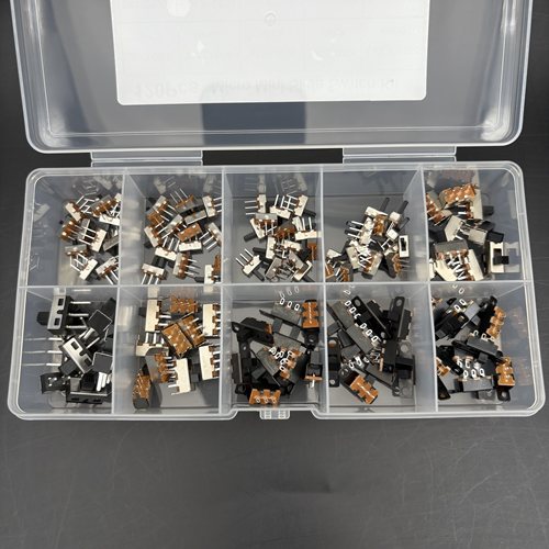 10种拨动开关盒装120个单排直插微型电源3脚按键滑动2档位波动钮