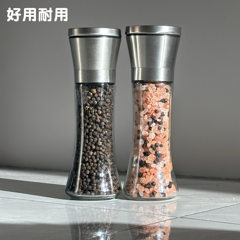 304不锈钢研磨器2只带玫瑰盐黑胡椒现磨黑胡椒手动研磨牛排调料瓶