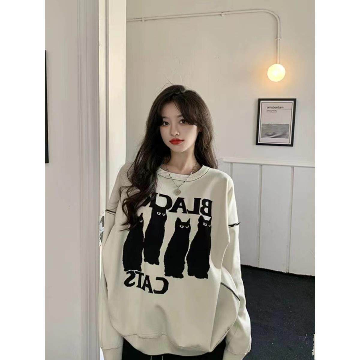 美式杏色长袖卫衣女2025秋季新款韩版宽松慵懒风猫咪印花上衣外套