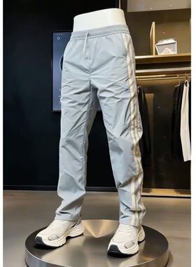 测边条纹休闲裤男夏季薄款个性设计感宽松直筒长裤潮牌黑灰色男裤