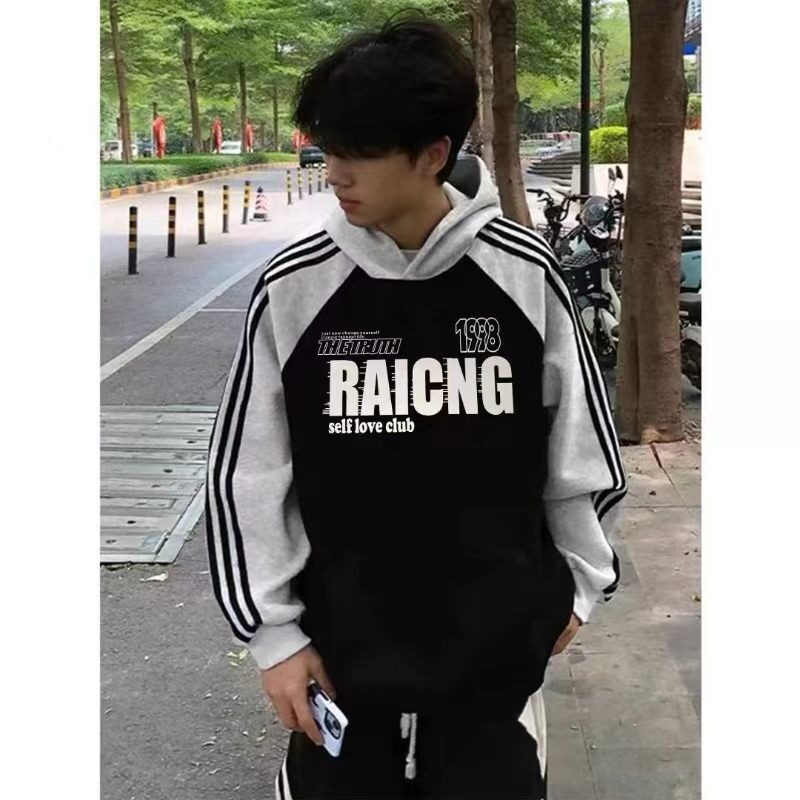 美式三条杠慵懒风卫衣男女秋冬简约连帽卫衣百搭宽松ins风小众潮M