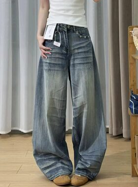 百搭复古蓝高腰阔腿牛仔裤2026新款女秋季裤子宽松bf慵懒风弯刀裤