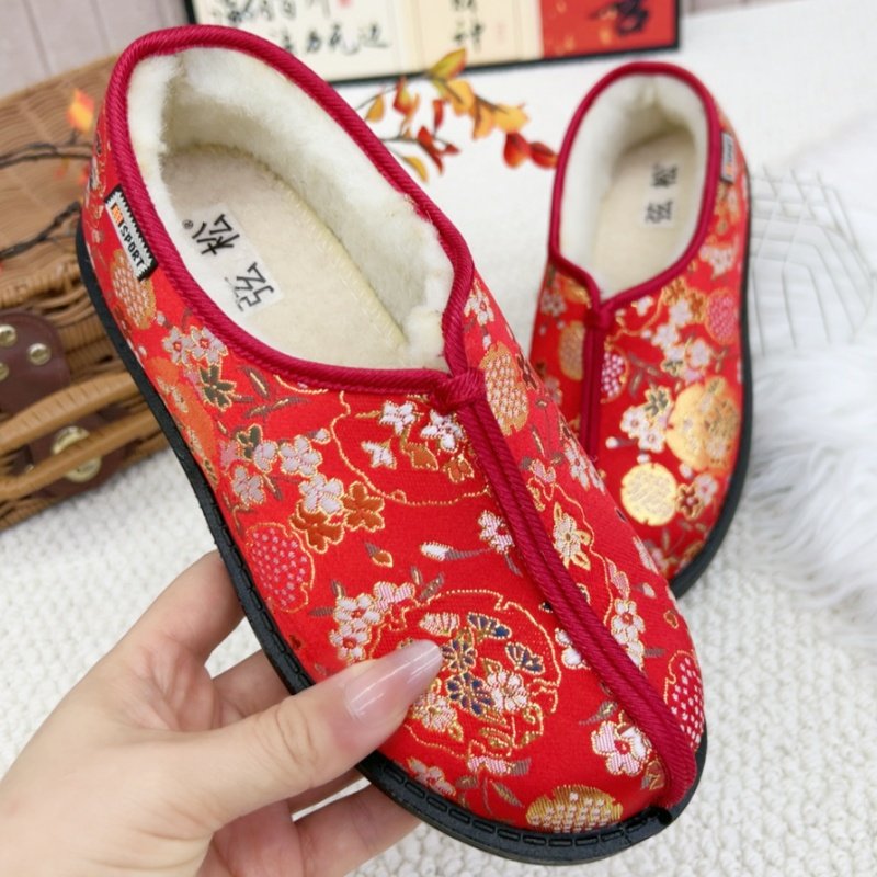 复古新中式棉鞋红色花卉图案老北京传统布鞋一脚蹬奶奶棉鞋加绒鞋,女鞋,传统布鞋,淘宝优惠券,粉丝福利购,淘宝优惠卷