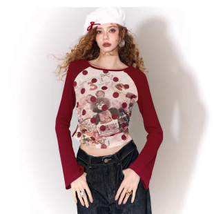 妖精的口袋红色插肩印花长袖t恤女2026早春新款修身内搭新年战袍