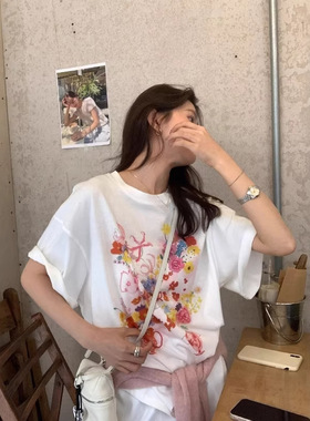 THE LIMON柠檬绿茶莫奈花园通勤印花圆领宽松显瘦百搭短袖T恤女春