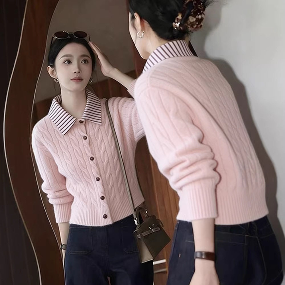 韩系小个子甜美粉色翻领长袖针织开衫女春秋2026新款假两件软糯,女装/女士精品,毛针织衫,淘宝优惠券,粉丝福利购,淘宝优惠卷