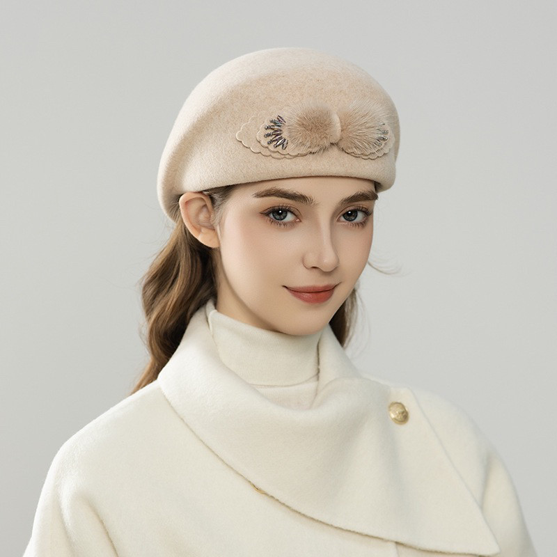 法式优雅贝雷帽女士毛绒装饰秋冬季新款时尚空姐帽名媛帽子