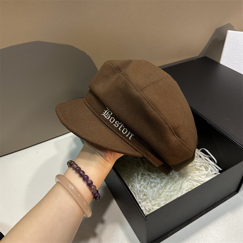 刺绣平顶帽子女秋冬保暖毛呢潮牌B字母软遮显瘦两戴反戴贝雷帽潮