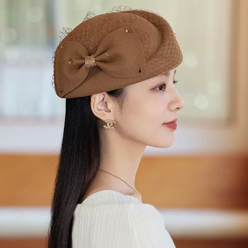 秋冬保暖优雅蝴蝶结羊毛贝雷帽女士秋冬时尚钻链渔网蓓蕾帽时装帽